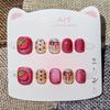 Whimsical Strawberry Cat Eye Press-On Nails for Kids: Handmade Cartoon Nail Art Stickers for Girls Ages 3-12.