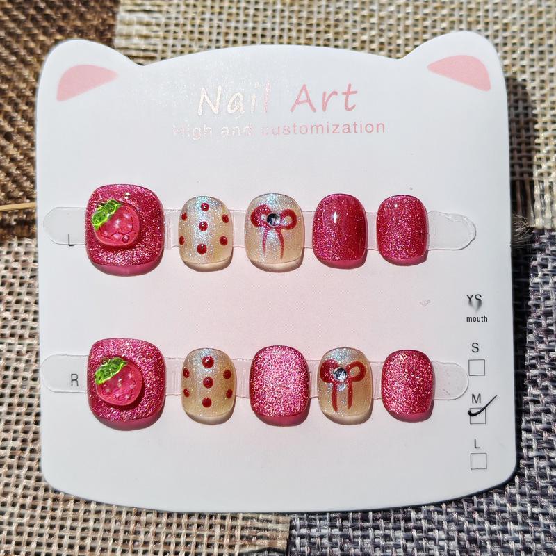 Whimsical Strawberry Cat Eye Press-On Nails for Kids: Handmade Cartoon Nail Art Stickers for Girls Ages 3-12.