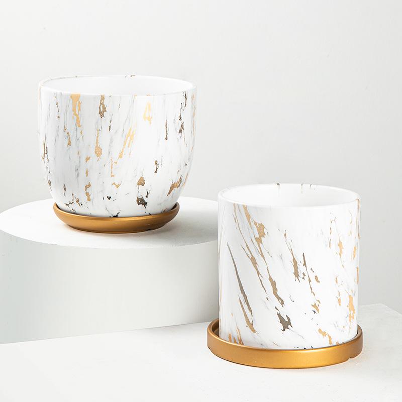 Marble Pattern Ceramic Flower Pot with Gold Tray - Nordic INS Style