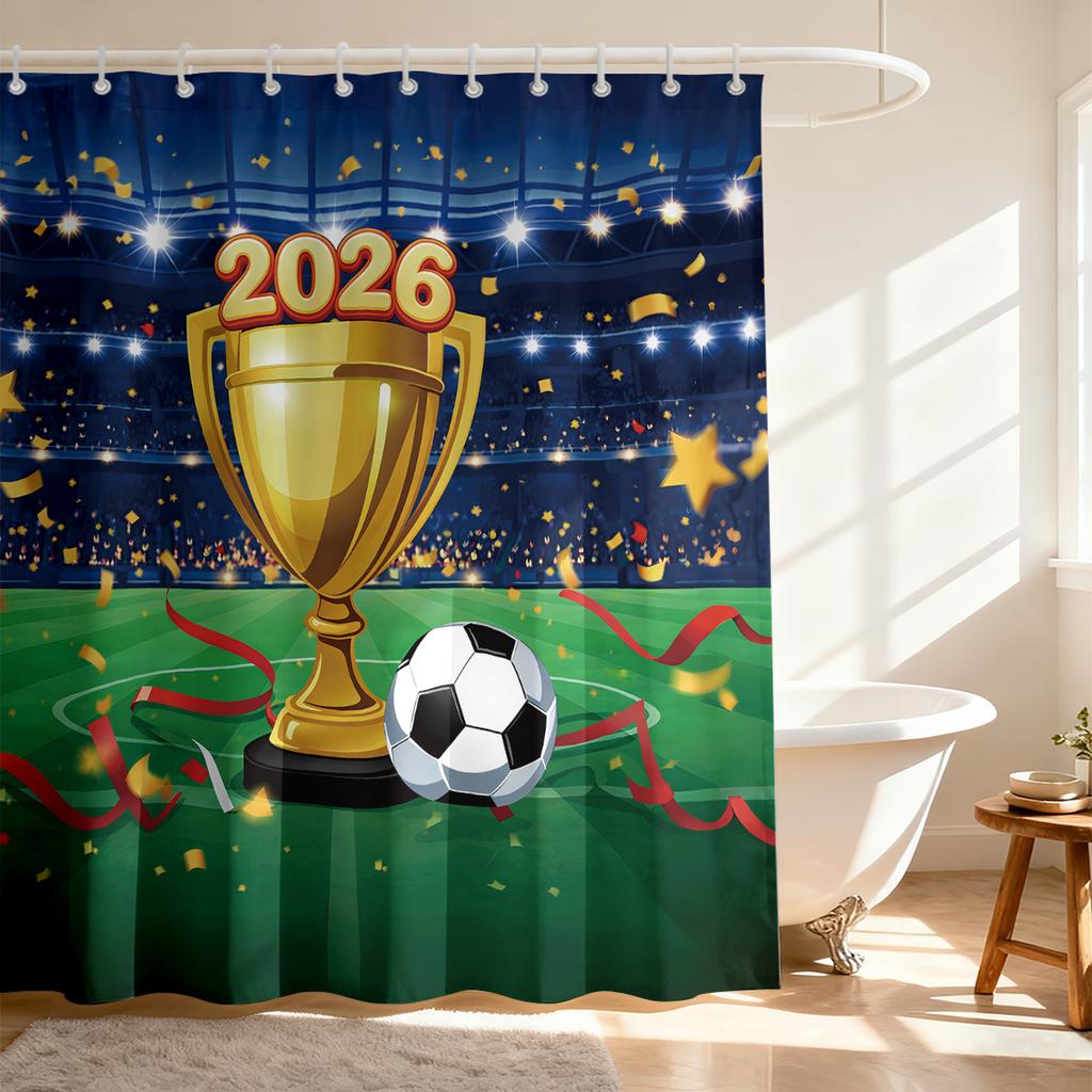 Soccer Football Shower Curtain 90Gsm Waterproof Stadium Trophy Print Bathroom Decor With Hooks