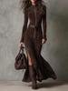 New Retro Modern Stand Collar Zipper High Slit Waist Fitted Chic Feminine Dress