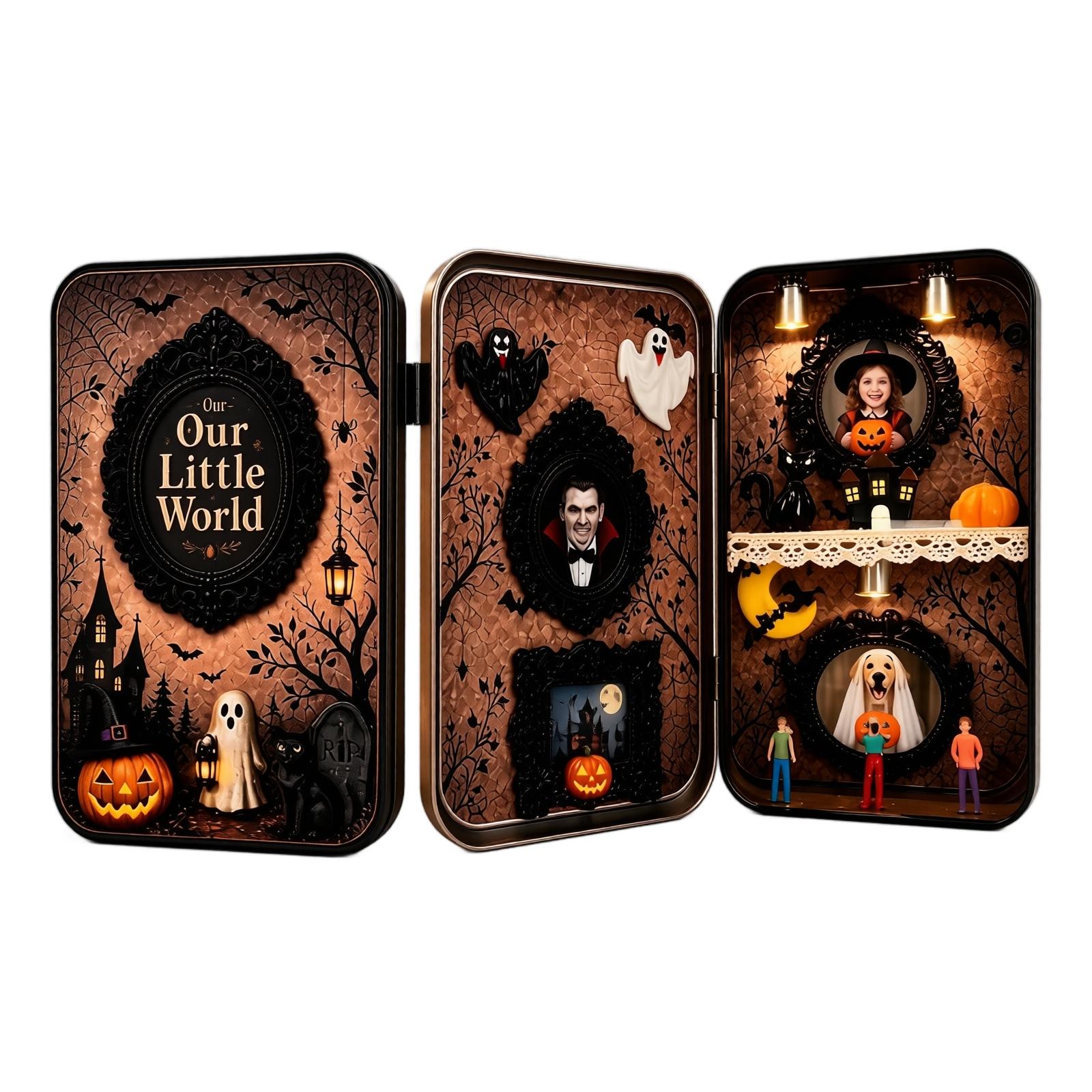Our Little World Halloween DIY Miniature Scene Tin Box Frame Display with Detailed Figurines and Lighted Interior for Home Decoration One Size