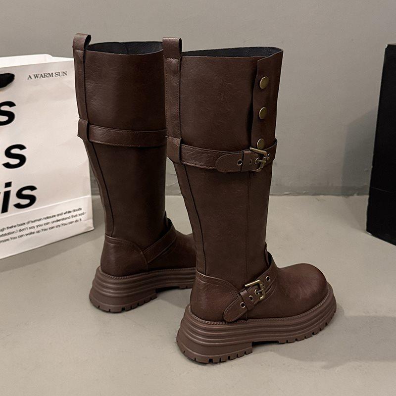 

2025 новые британские ботинки на толстой подошве, черные облегающие ботфорты, женские ретро осенне-зимние ботфорты-рыцари 40