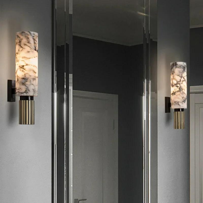 Modern Natural Marble Wall Lamp Copper Foyer Villa Aisle Corridor Bedroom Sconce E14 Bulb Lighting Fixtures Bedside Lights