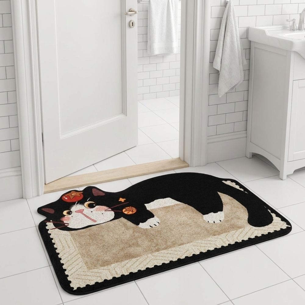 Absorbent Bathroom Floor Mat Irregular Shaped Entryway Mat Cute Cartoon Cat Carpet Bathroom