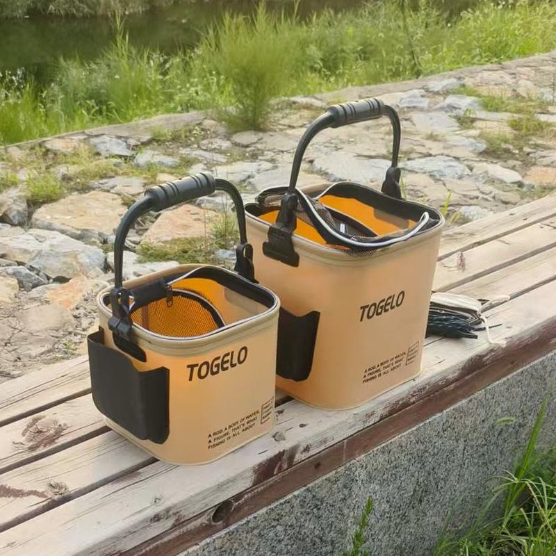 Portable Foldable Fishing Bucket with Lure Holder and Live Fish Protection