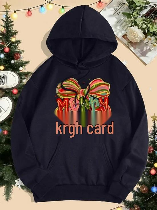 Merry & Bright Bow Print Women's Hoodie - Autumn/Winter Loose Pullover
