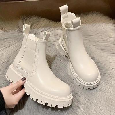 New Womens Plush Lined Chelsea Boots British Style Round Toe Chunky Heel Thick Sole Warm Comfortable Non-Slip Autumn Winter Shoe