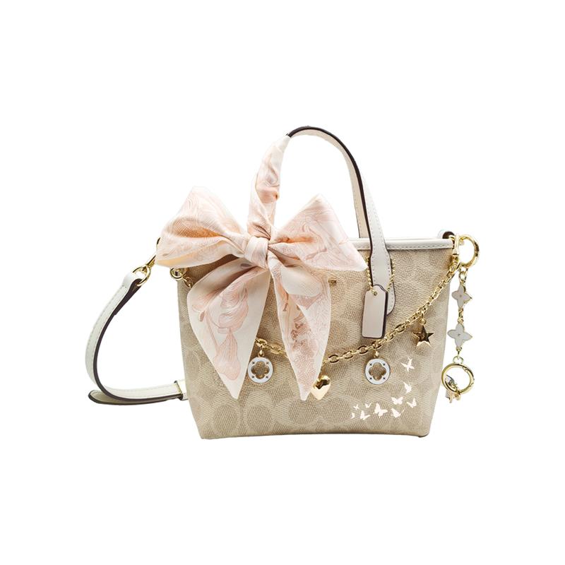 

COACH handbag [Customized bag] City 15 brand logo detachable shoulder strap printed hand-painted decorative chain Pink butterfly basic outfit білий
