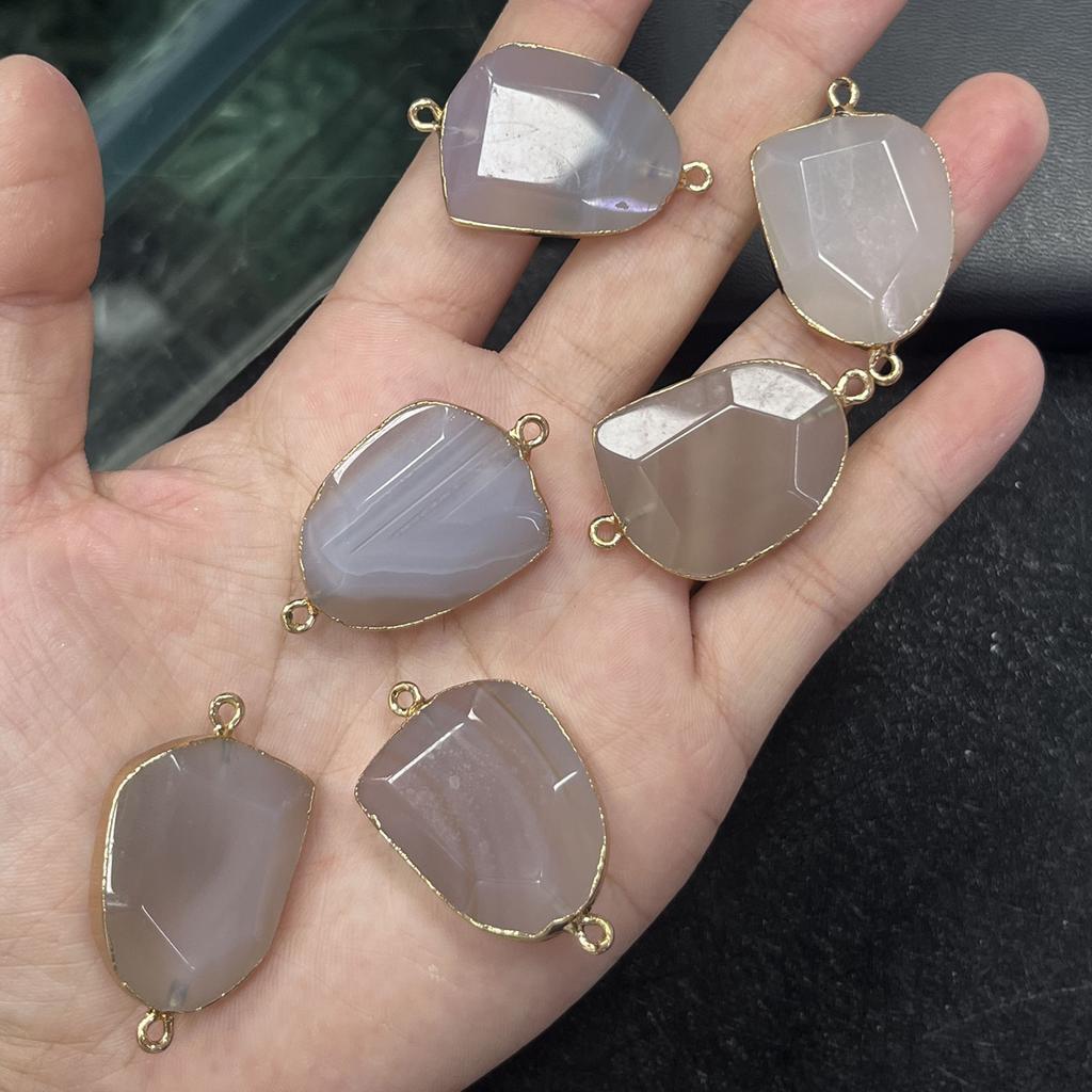 1Pc, Energy Natural Stone Gray Agate Connector with Golden Edge, Stylish Women Men Pendant Connector for Jewelry Making DIY Crafts Gift 27×37mm