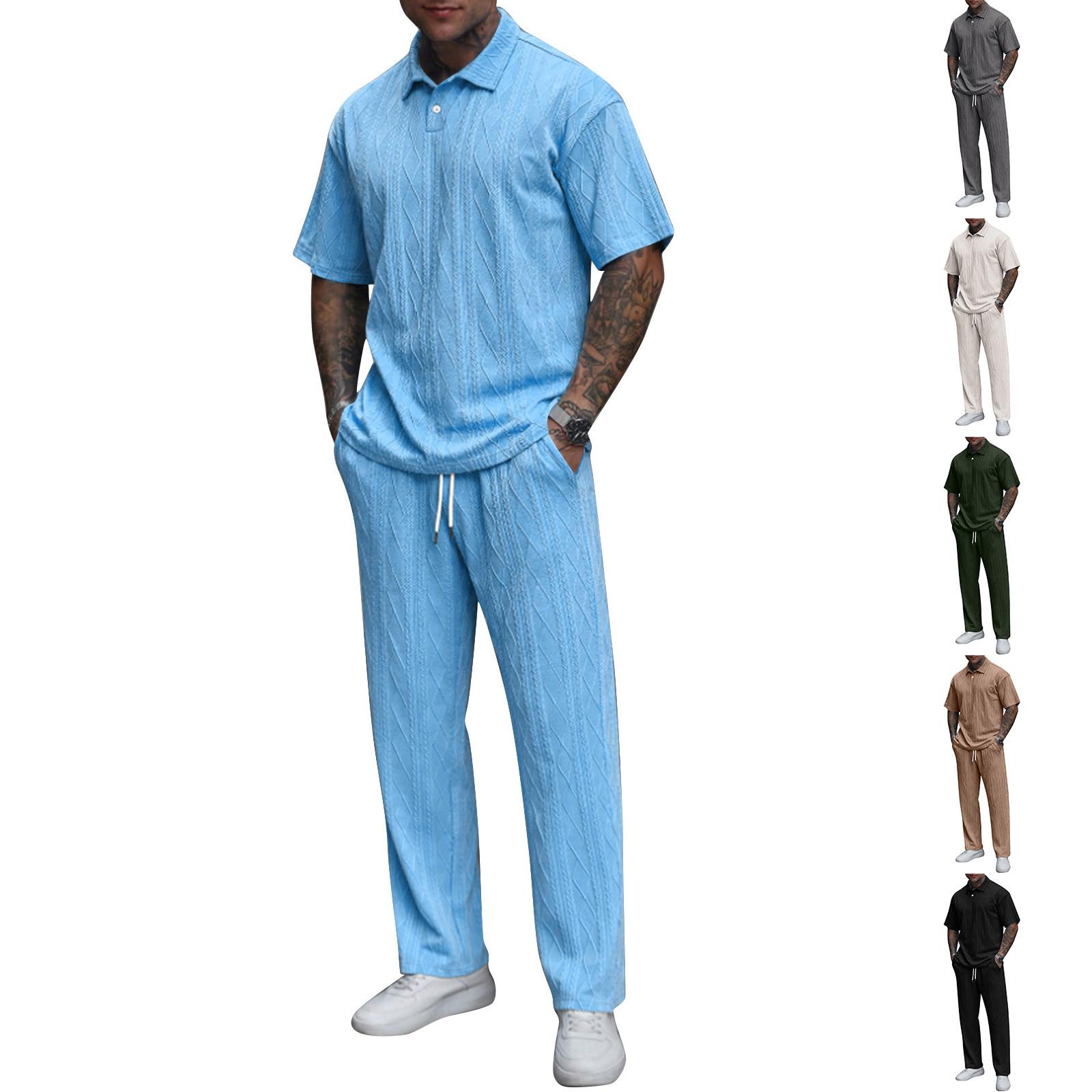 

Men s Solid Color Textured Short Sleeved Trousers Suit Men s Casual Suit L армія зелений колір