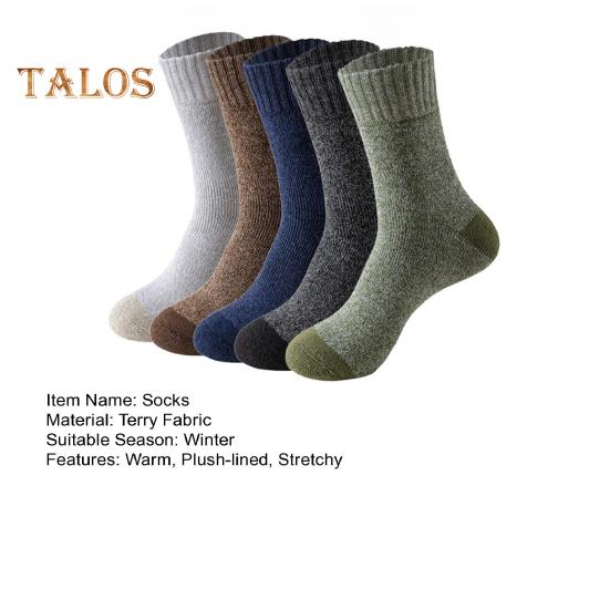 5 Pairs Men Winter Socks Thick Plush-lined Mid-tube Thick Keep Warm Solid Color Anti-slip Knitted Daily Wear Sport Socks for Hiking Camping Skiing