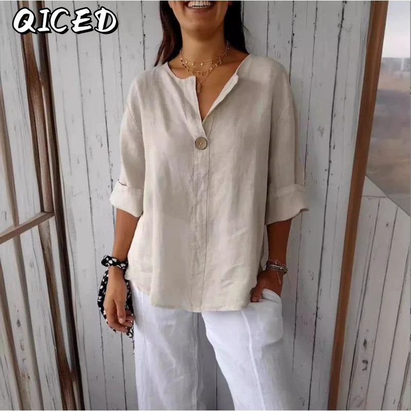QICED Moda Donna Casual Stampa Tinta Unita Maniche 3/4 Scollo a V Camicie & Bluse