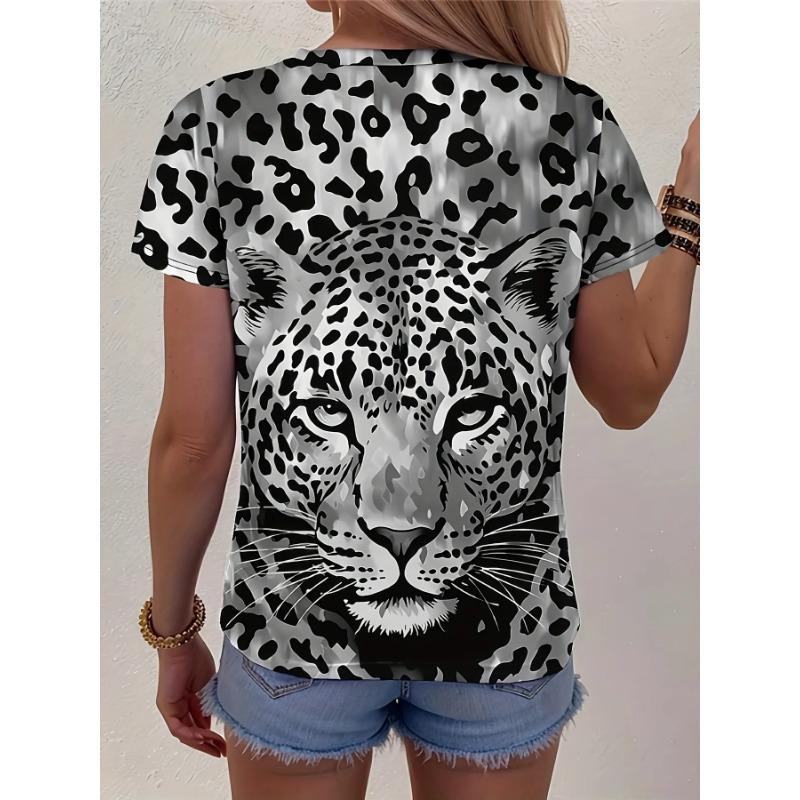 Summer Round Neck 3D Leopard Print Top Fashionable Casual Short Sleeved Women's T-shirts