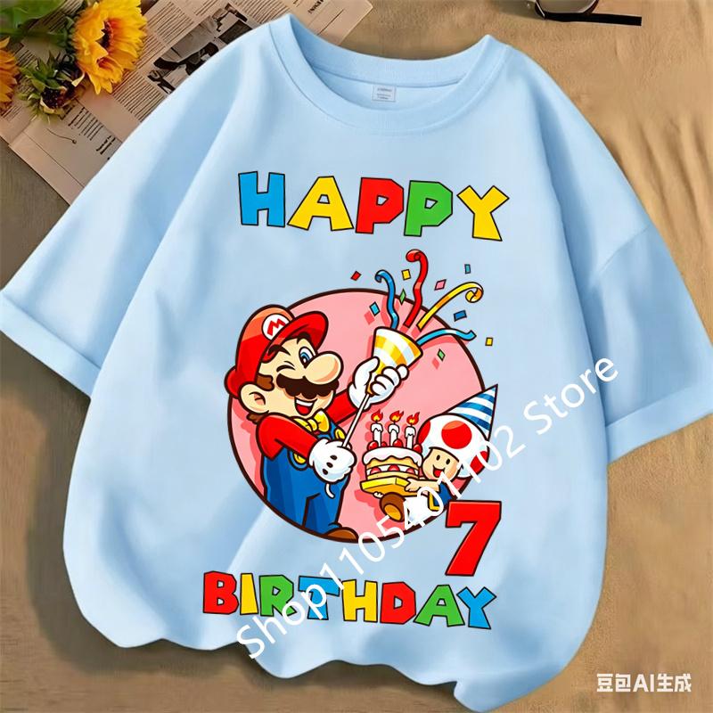 2026 New Super Marios Bros Childrens Pure Cotton Tshirts Anime Birthday Numbers 19 Cute Anime Childrens Casual Tshirts