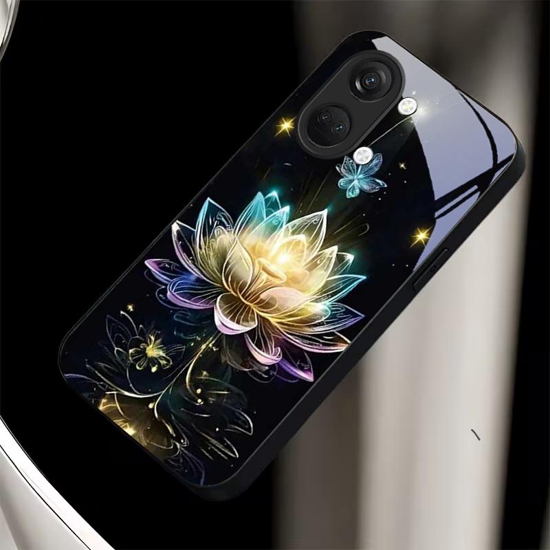 tellar Luminescence Lotus Black Glass Phone Case For OnePlus Ace 2 3 5 Pro Nord CE 2T 2 3 Lite 6 7T 8 9 10 Pro 11R 12R 13R Cover