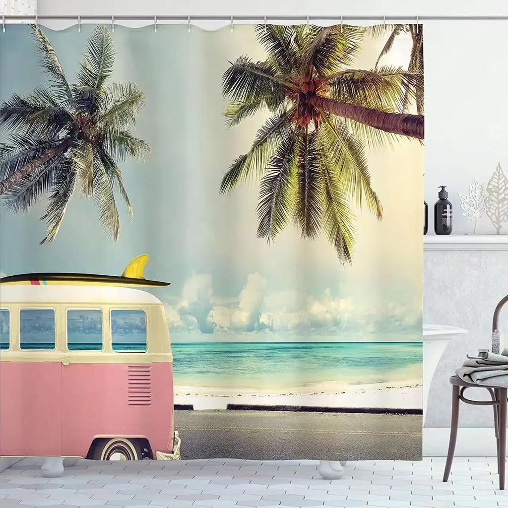 Vintage Letnie Wakacje Retro Bus Camper Van Zasłony Prysznicowe Deska Surfingowa Palma Łazienka Wystrój Domu Zasłona do Wanny z Haczykami