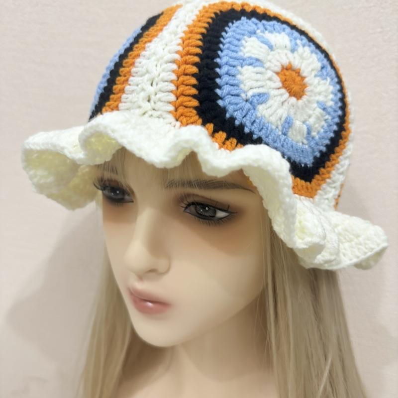 Hand Crochet Bucket Hat with Ruffled Edge Warm Fisherman Hat Ethnic Flower Hat Headwear for Women Winter Elegances