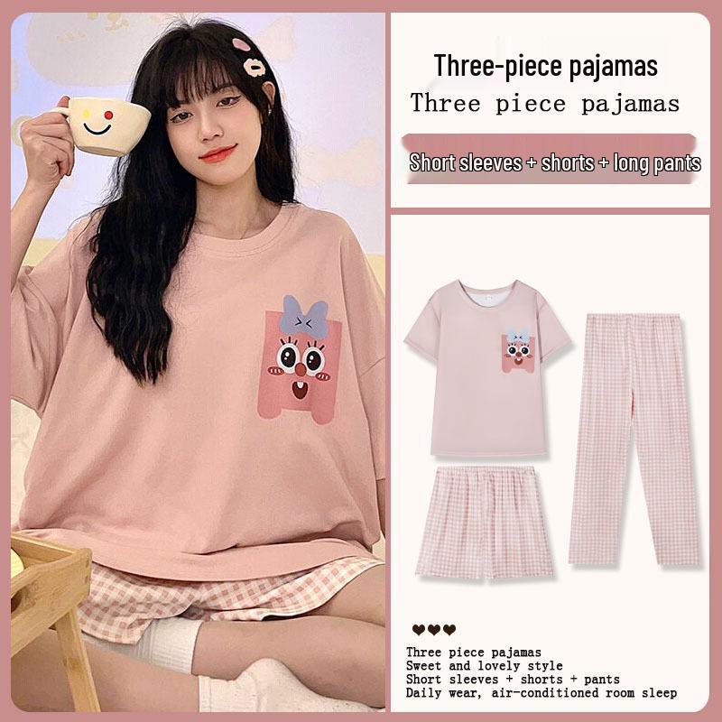 Women's Loose Summer Cartoon Pajama Set: Cute Short Sleeve Top & Long Pants for Spring/Autumn