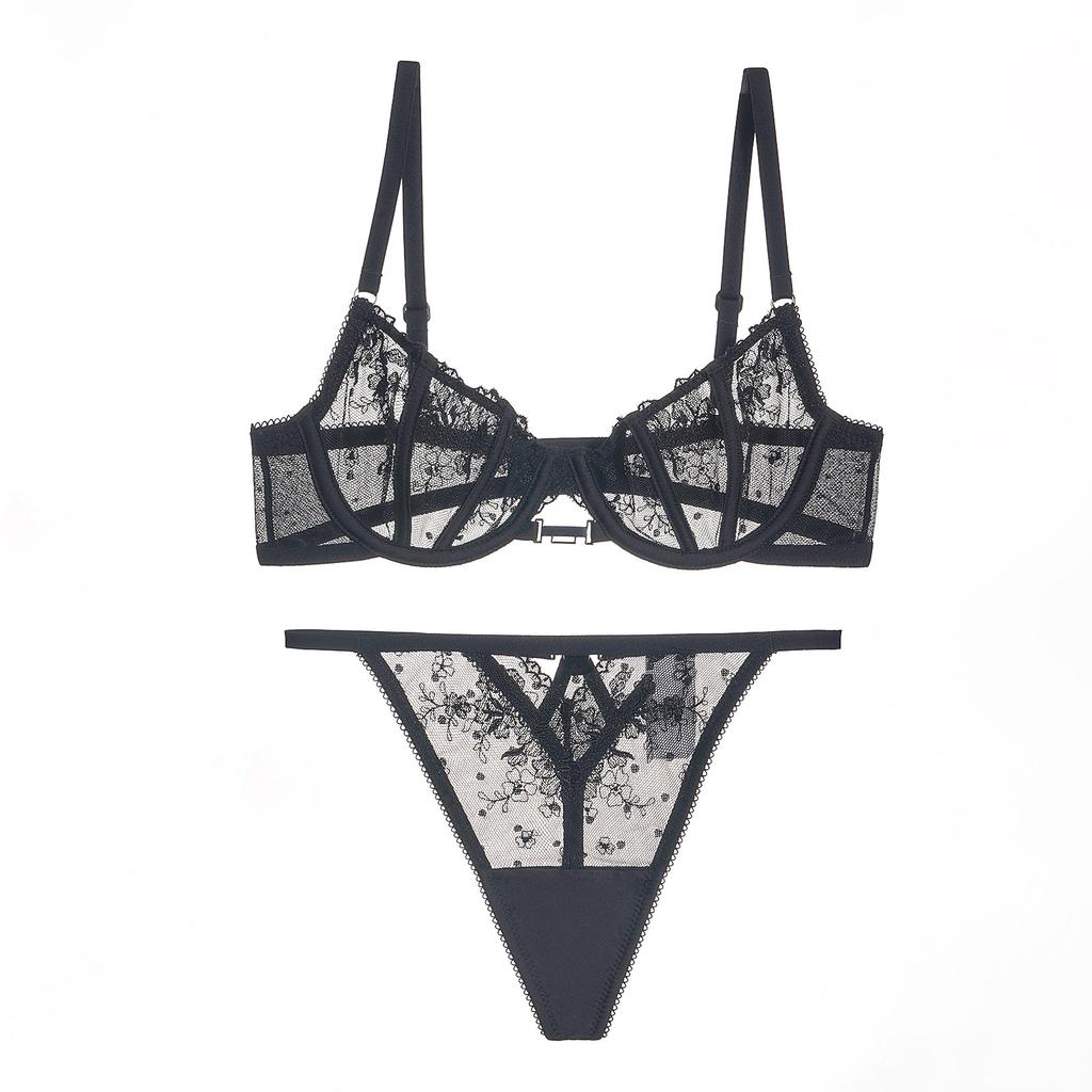 European and American Sexy Lingerie Embroidery Thin See-through Women's Sexy Bra Thong Panties