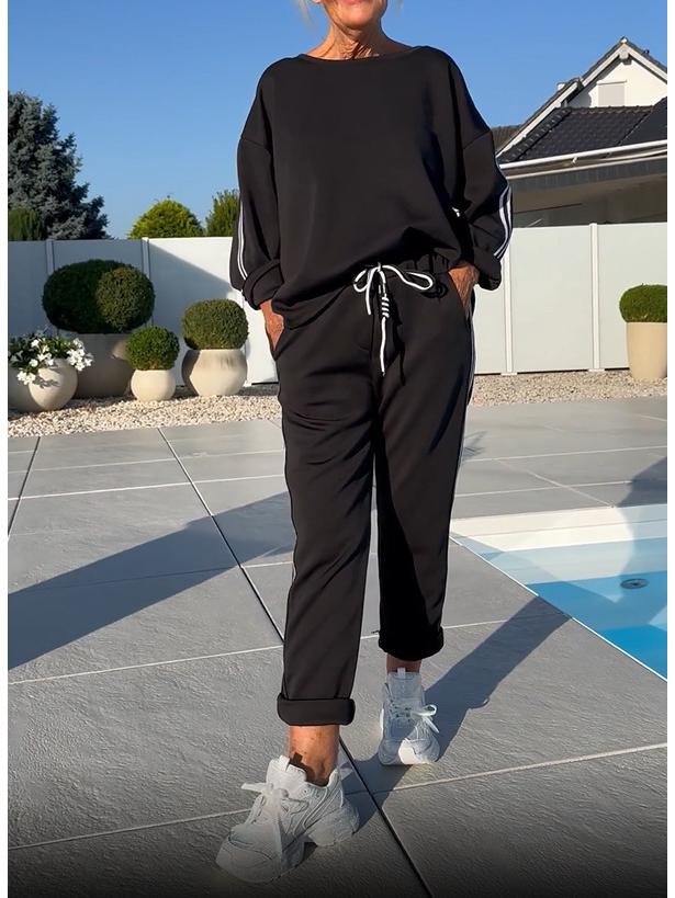 2025 Autumn/Winter Women's Solid Color Braided Patchwork Long Sleeve Crew Neck Top and Long Pants Set