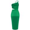 Summer Solid Color Slanted Shoulder Hanging Neck Exposed Waist Split Pleated Dress