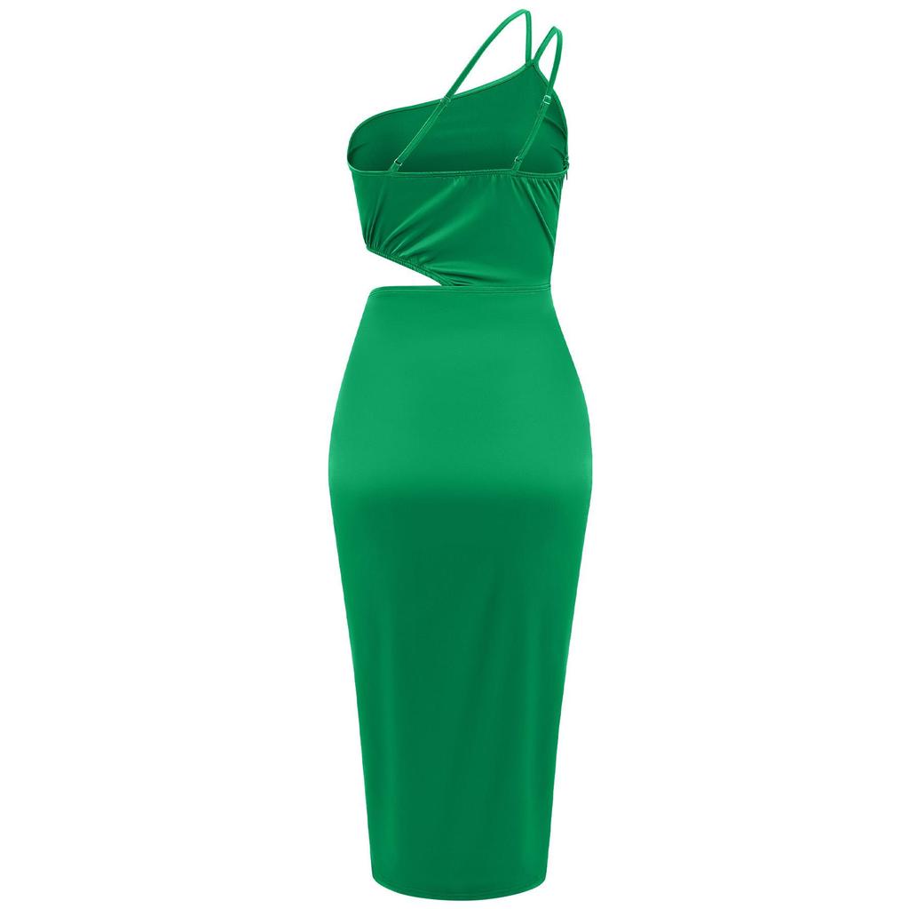 Sommer Einfarbig Schräge Schulter Hängender Hals Freie Taille Geschlitzt Plissiertes Kleid