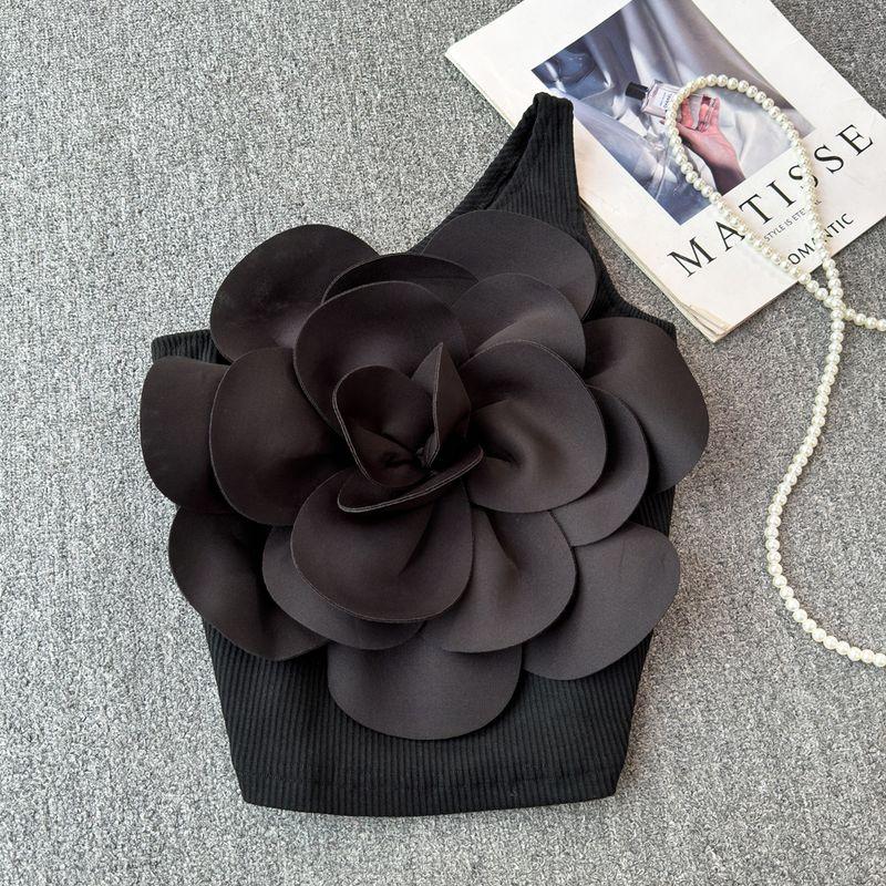 

Desire Sexy Three-Dimensional Large Flower Diagonal Collar Single-Shoulder Suspender Vest Women s Outer Wear Western Style Slim Fit Slim Backless Top Black M