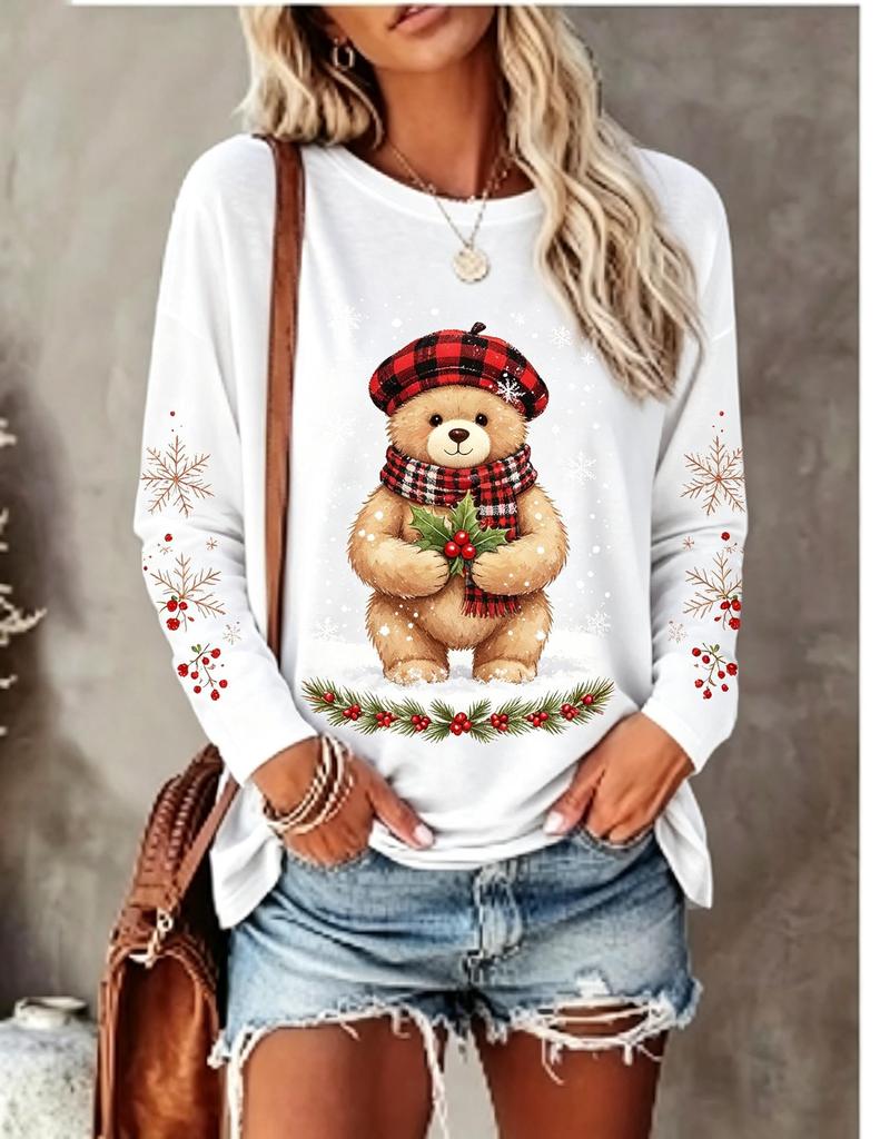 T-shirt da donna a maniche lunghe Cappello a scacchi di bufalo natalizio Sciarpa Pupazzo di neve Ghirlanda Polsino colorato Stampa fiocco di neve Girocollo Top casual