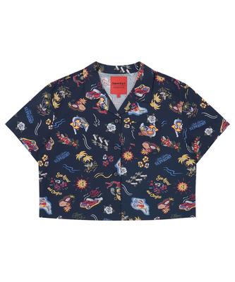 Syupeodeulai W Palm Surf Hawaiian Crop Shirt Navy