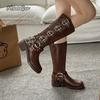 Fashion Brown Black Knee High Boots for Women 2025 Autumn Winter Leather Western Cowboy Long Knight Boots Buckle Straps Mid-Calf Botas