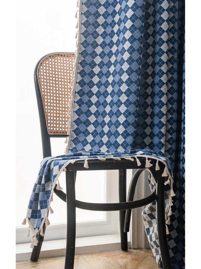 Yimanqiyun Blue French Grid Jacquard Semi-Blackout Bay Window Curtains