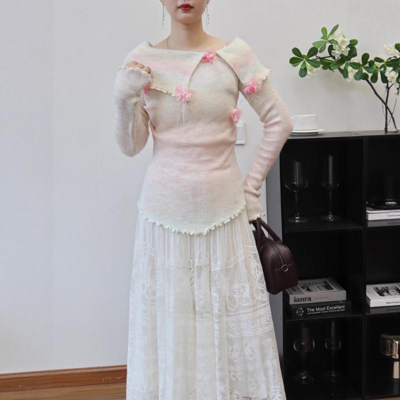 Autumn and Winter New Pink Three-dimensional Flower Shoulder Sweater Pullover Slim Temperament Knitted Sweater Top Women