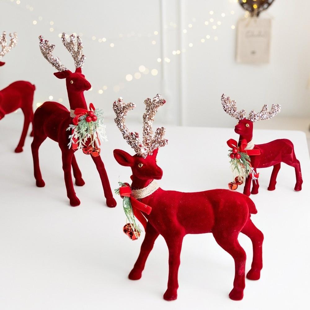 Wine Red Christmas Deer Statue Velvet Cover Xmas Decoration Holiday Figurine  Fireplace Ornament