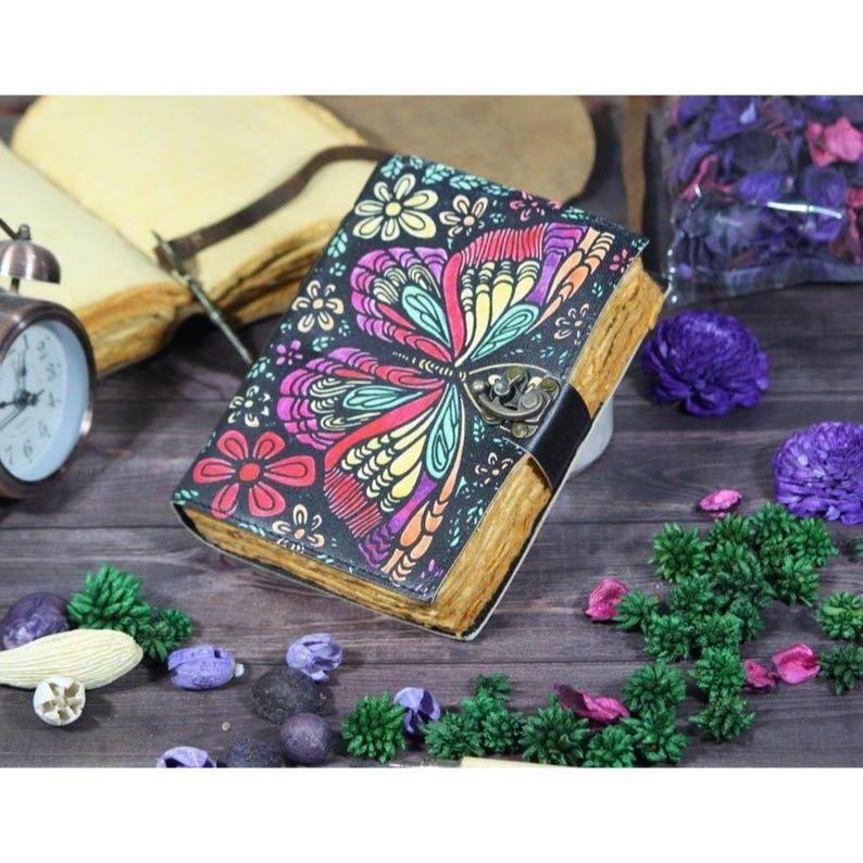 

Butterfly Leather Book of Shadows: Handmade Floral Journal with Deckle Paper Leather Anniversary 7 x 5 inch / 100 Page
