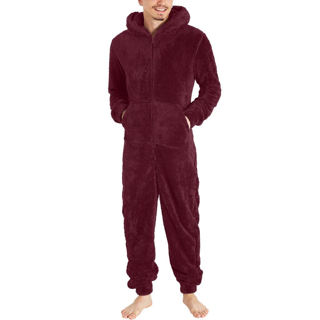 Men's Zipper Warm Plush Jumpsuit Warm Pajamas