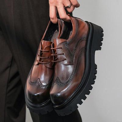 Men's British Style Round Toe Brogue Lace-up Height-Boost Business Casual Shoes