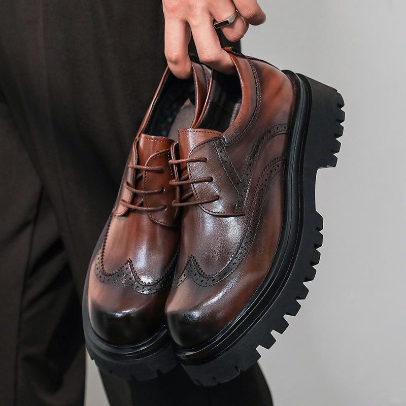 Men's British Style Round Toe Brogue Lace-up Height-Boost Business Casual Shoes