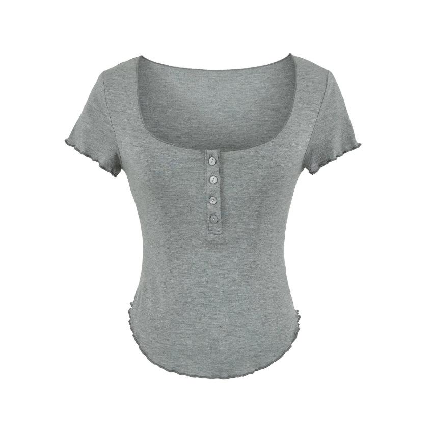 Square collar button short-sleeved T-shirt women's summer new American Spice Girl style slim-fitting curved hem bottoming top