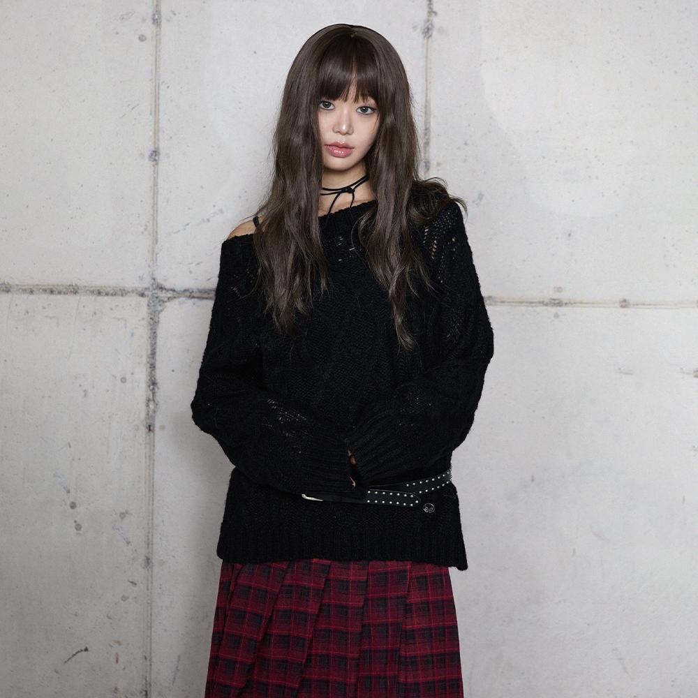 LALAFOX Boat Neck Cable Knit Black Br4Kl004