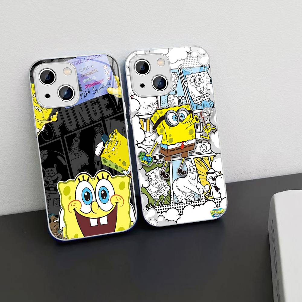 Cartoon Niedlich S-SpongeBob Anime Gehärtetes Glas Für Iphone 14 13 12 11 Pro Mini XS MAX 14Plus X XS XR Hüllen