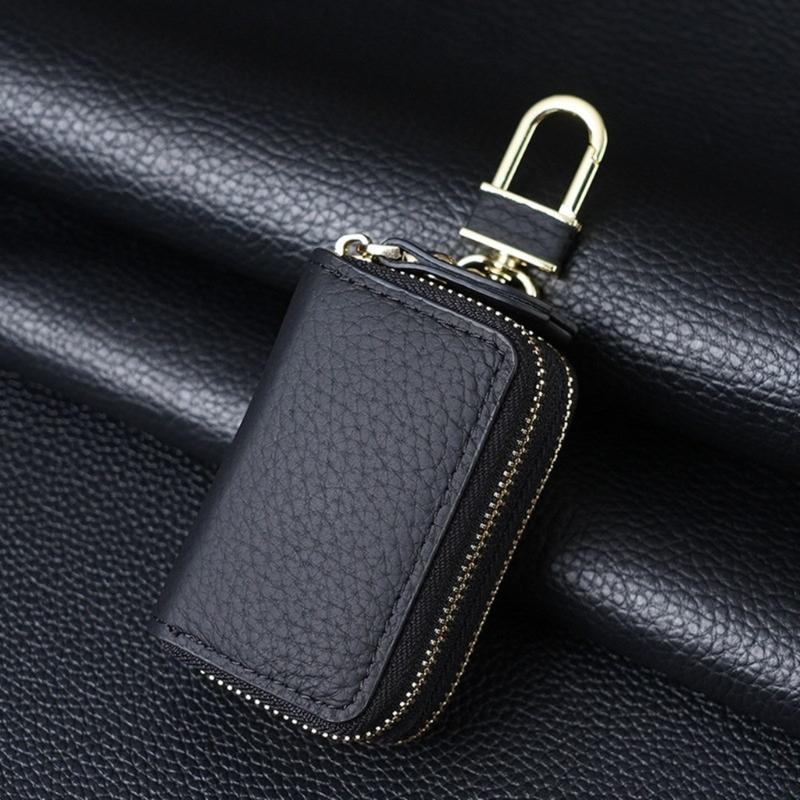 Leather Car Key Fob Case Cover Keychain Zipper Bag Protector Double Layer Pouch