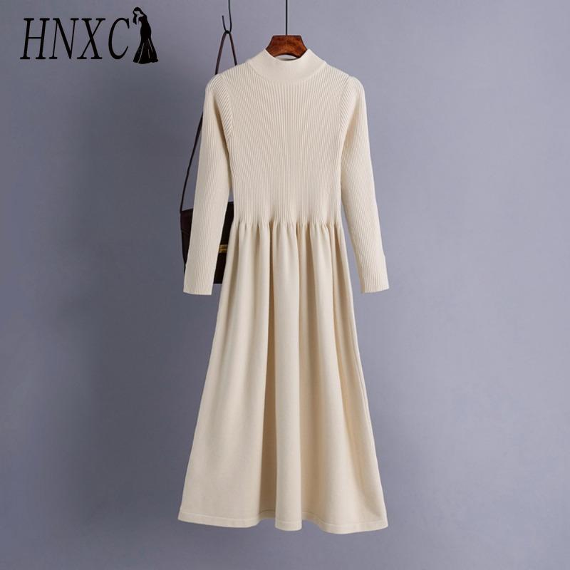 HNXC Women's Fashion Spring Autumn Solid Color Print Long Sleeve High Waist Casual Dresses