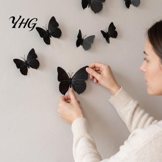 Halloween Theme Wall Accents 12Pcs 3D Black Butterfly Stickers, Removable PVC Decals for DIY Stickers Home Decor Party Decor, Self Adhesive