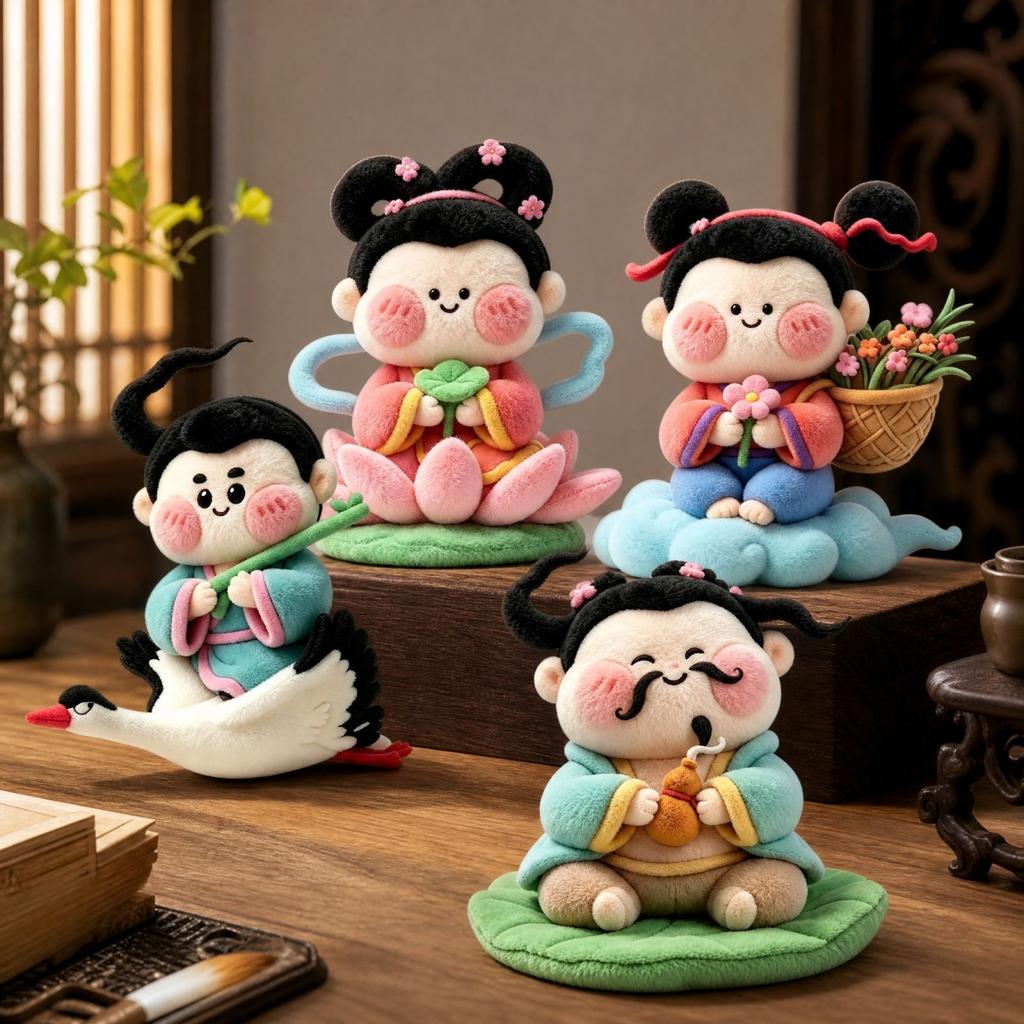 Eight Immortals Plush Dolls Set - Chinese Mythology Theme Desktop Ornament Figurines for Display
