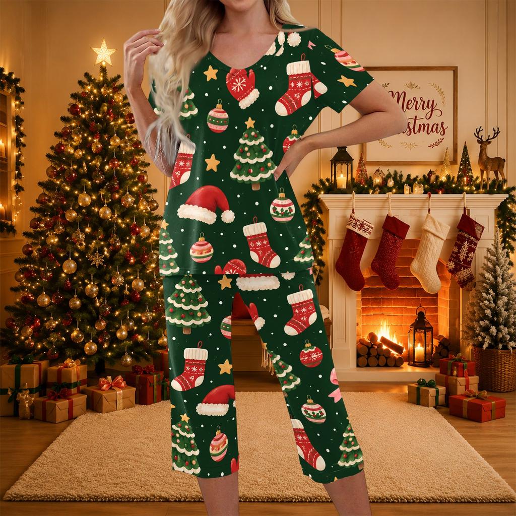 Women's Casual Christmas Print Two Piece Athletic Set Short Sleeve Top and Pants