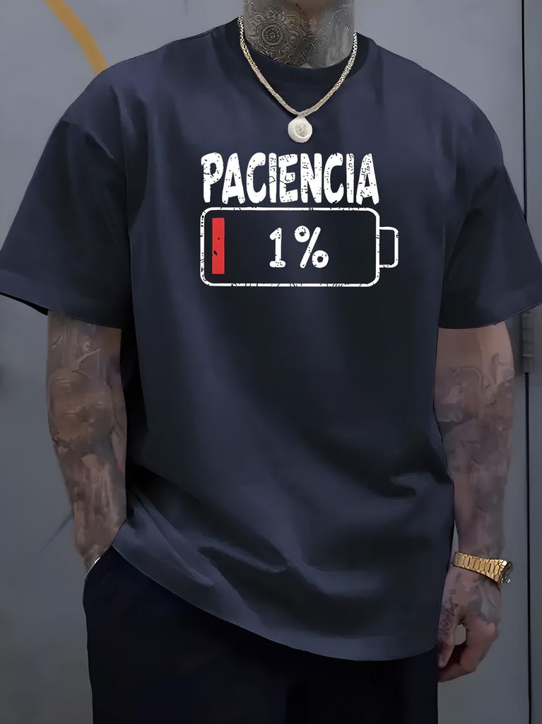 Unisex O Neck Tee Paciencia Battery Funny Text Print Cotton Short Sleeve Loose Summer Breathable Daily Casual Basic Wear Top