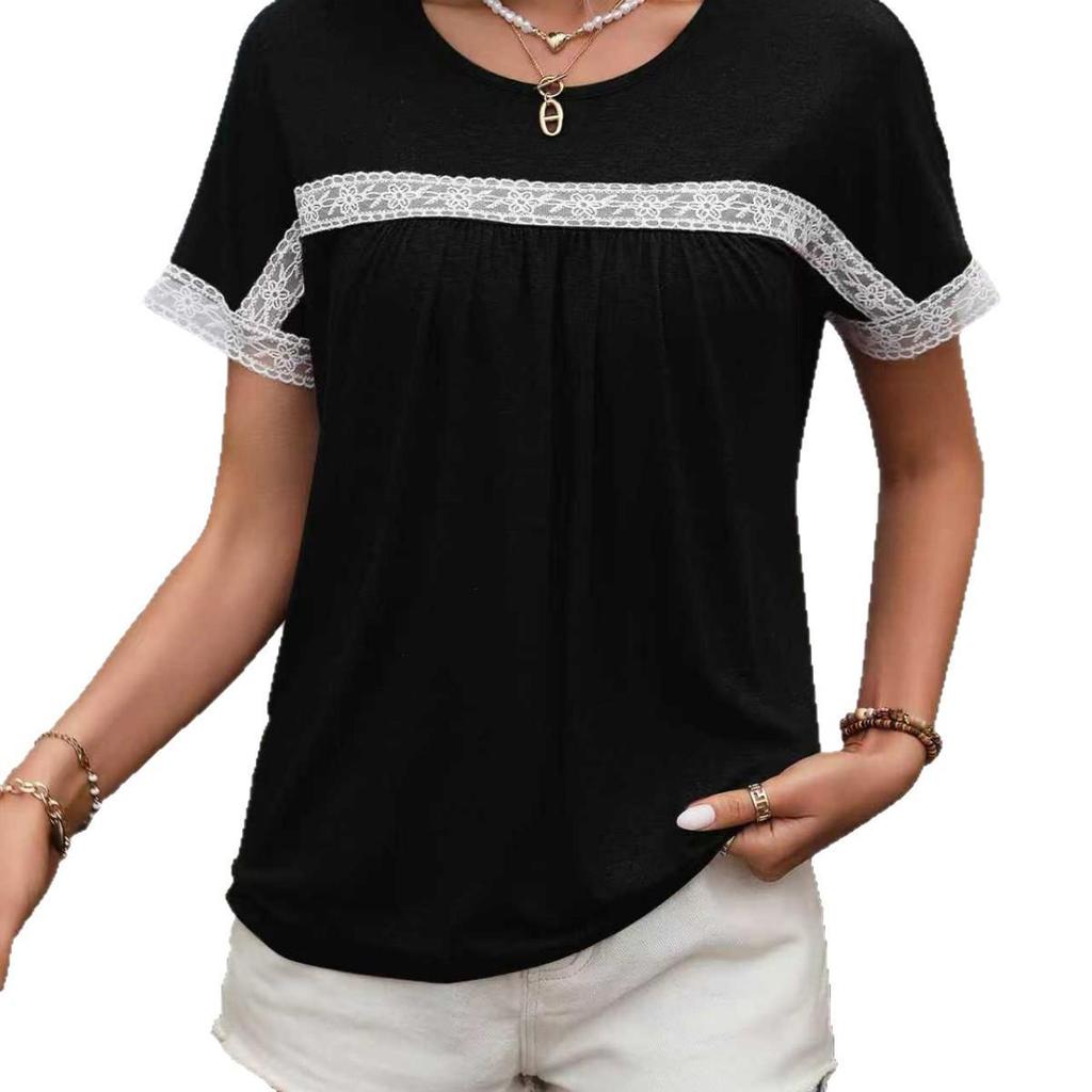 Spring/Summer 2026 Women's Round Neck Lace Patchwork Short Sleeve T-shirt