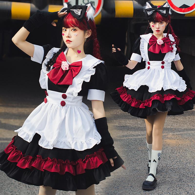 J-yuefang Maid Dress Costume Black Red Polyester S-XXL