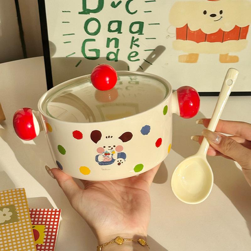 Ins Cream Wind Cute Cartoon Ceramic Binaural Instant Noodle Bowl Snail Powder Bowl Noodle Bowl Soup Bowl with Lid